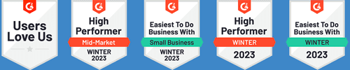Prodoscore Winter G2 badges - recognized by our customers as a top rated software solution