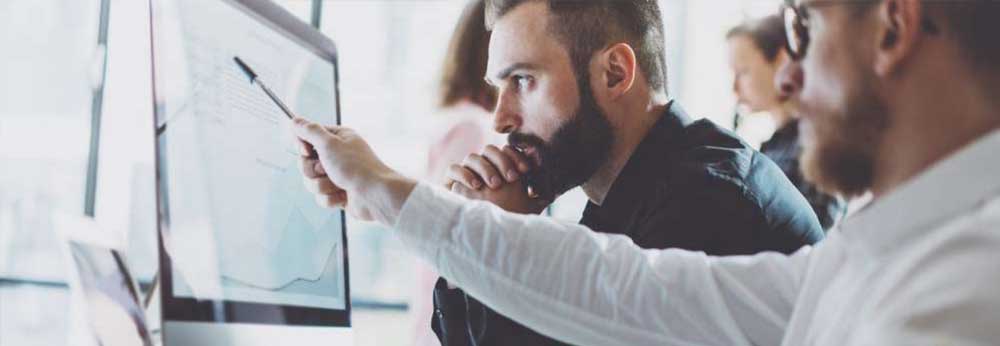 Employees looking at data on a desktop