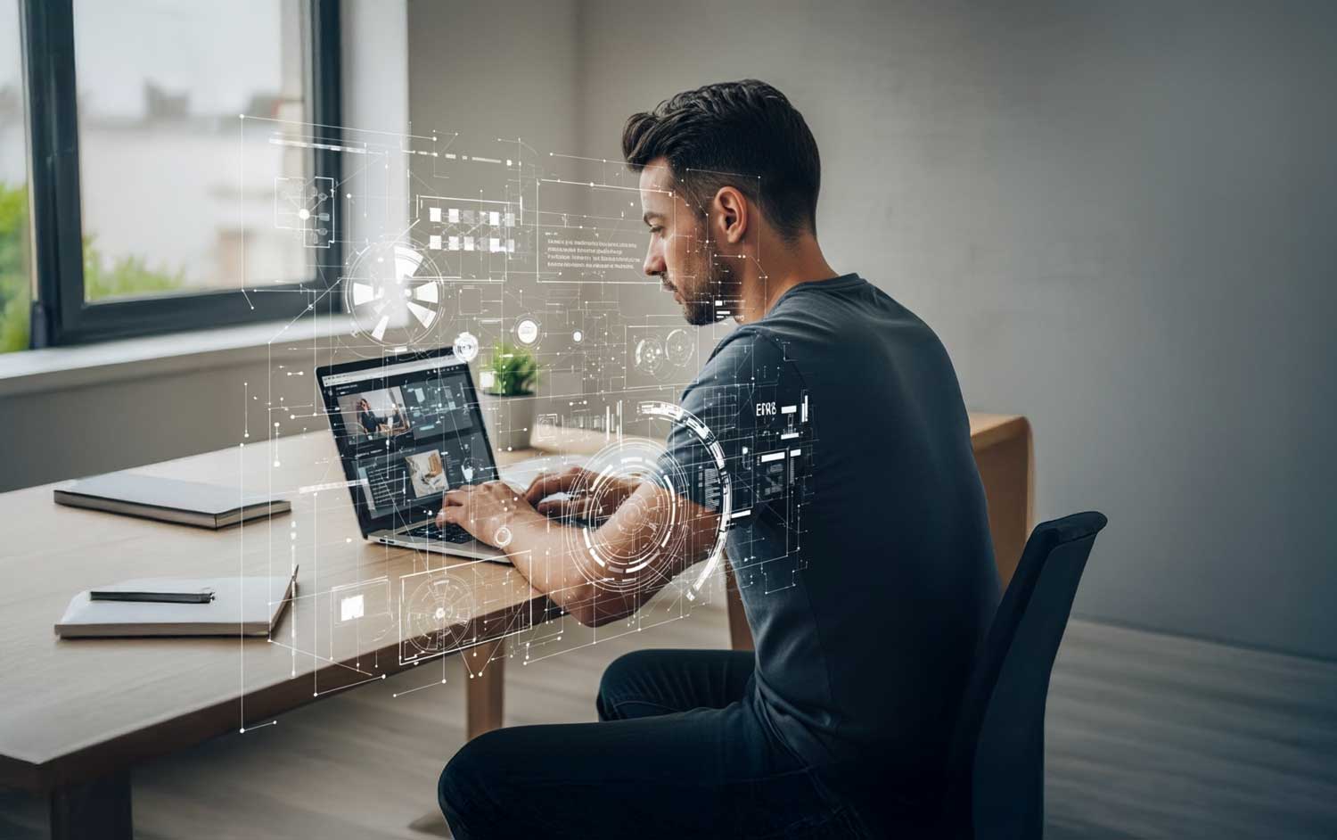 Employee sitting in on his computer working