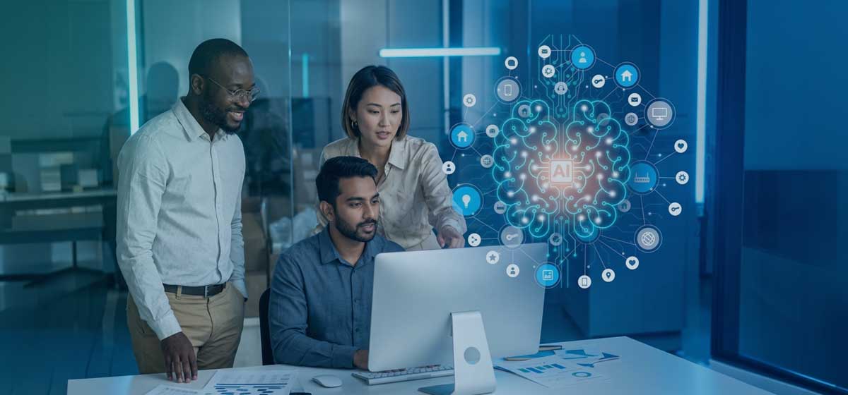 Three professionals collaborate around a computer, with an AI, to illustrate the results of Prodoscore’s latest data.