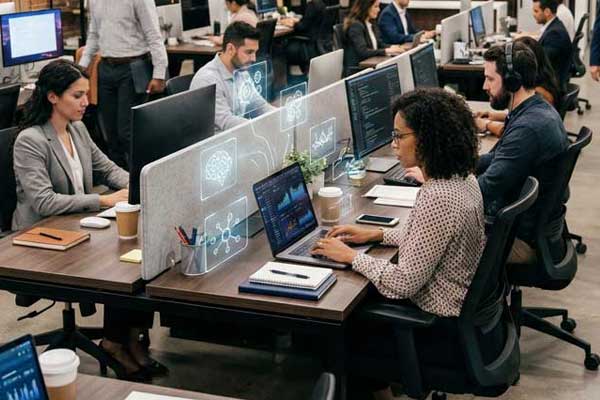 A diverse team of professionals works in a bright, modern open-plan office. AI and machine learning icons are digitally overlaid on computer screens, symbolizing how platforms like Prodoscore use AI-powered workforce analytics to surface real-time productivity data and workforce intelligence.