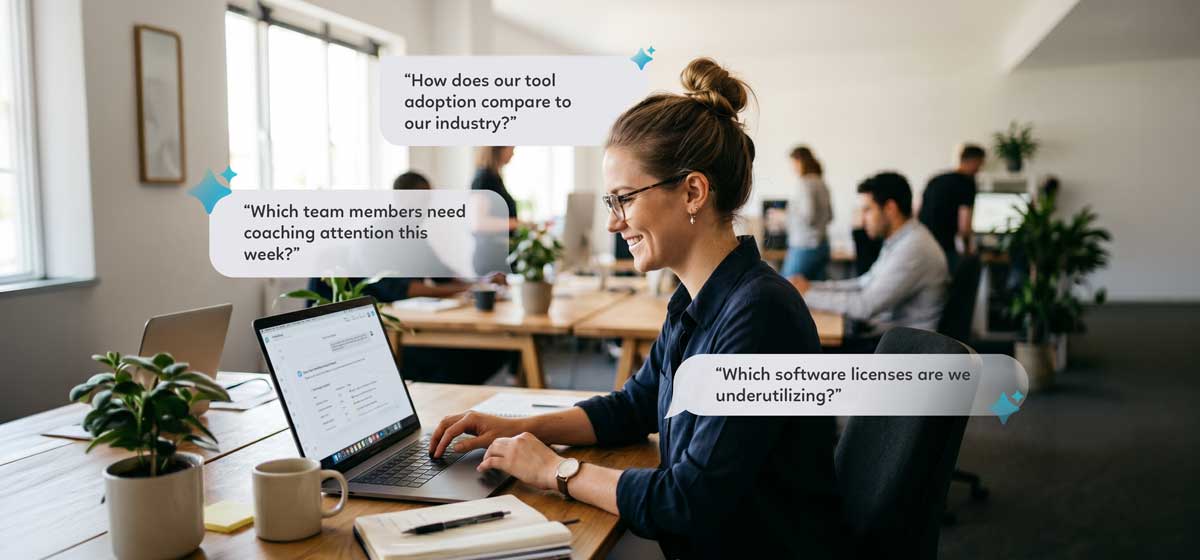 A team leader uses the ProdoAI Chat interface in a modern office.