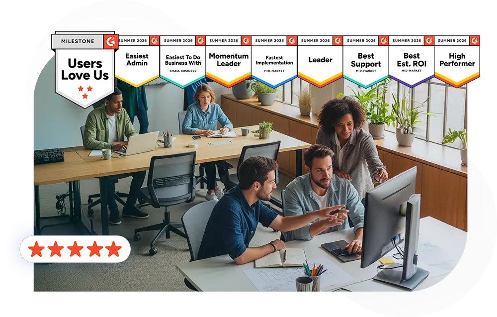 Users love us - G2 badges for Prodoscore in Spring 2026, including Leader, Momentum Leader, Easiest Setup, Easiest To Use, Users Love Us, Easiest Admin, High Performer, Easiest To Do Business With, and Best Support.