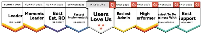 G2 badges for Prodoscore in Summer 2026, including Leader, Momentum Leader, Easiest Setup, Easiest To Use, Users Love Us, Easiest Admin, High Performer, Easiest To Do Business With, and Best Support.