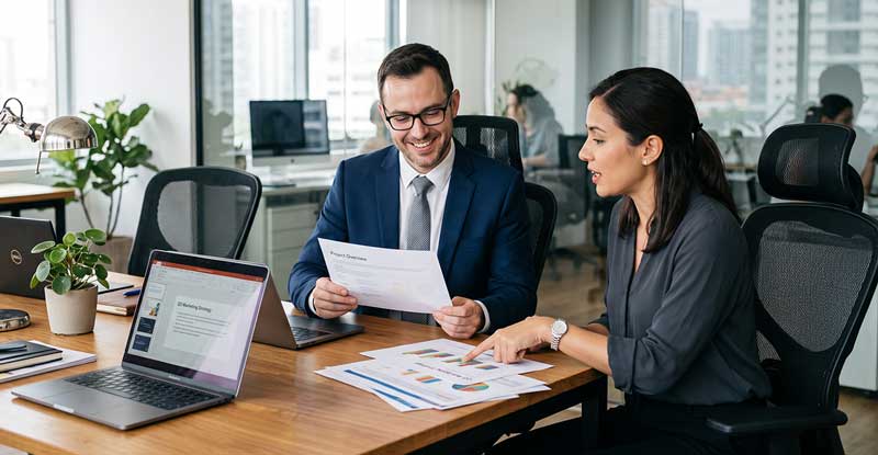 Two credit union professionals reviewing workforce planning data and succession pipeline reports.